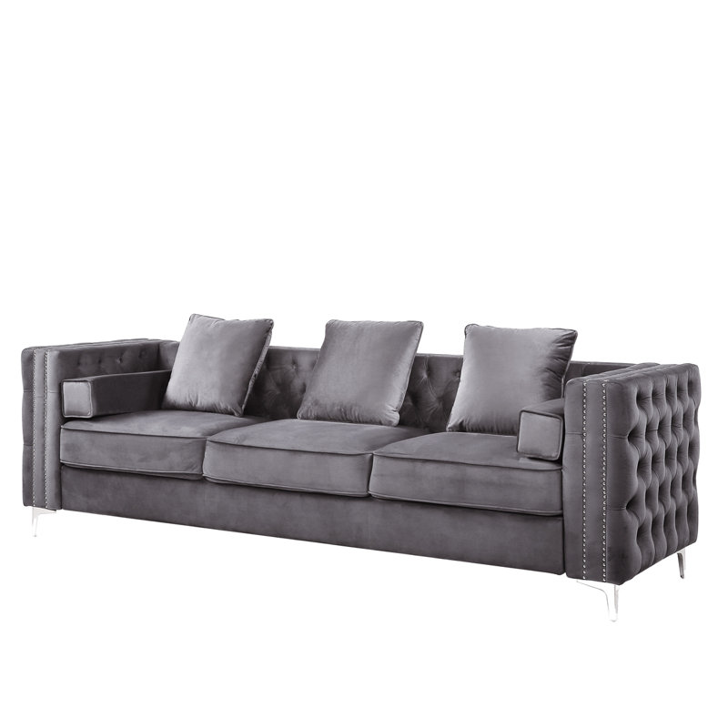 Elegant Gray Velvet Tufted Sofa with Ottoman and Nailhead Trim