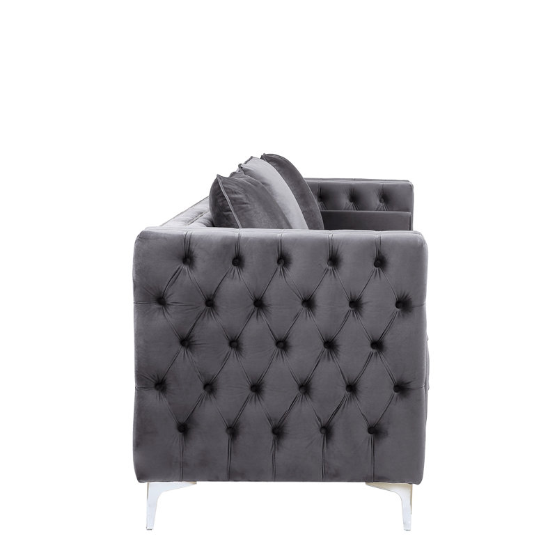Elegant Gray Velvet Tufted Sofa with Ottoman and Nailhead Trim