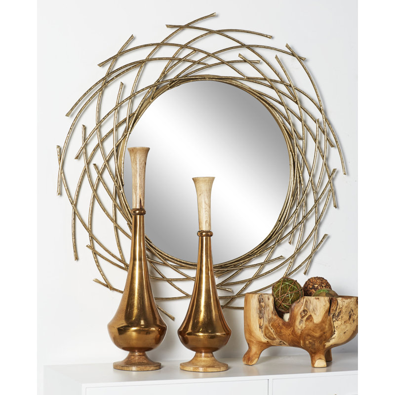 Gold Sunburst Round Wood Wall Mirror, 39"