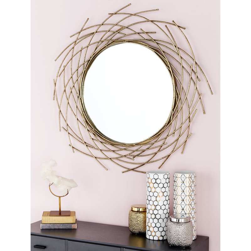 Gold Sunburst Round Wood Wall Mirror, 39"