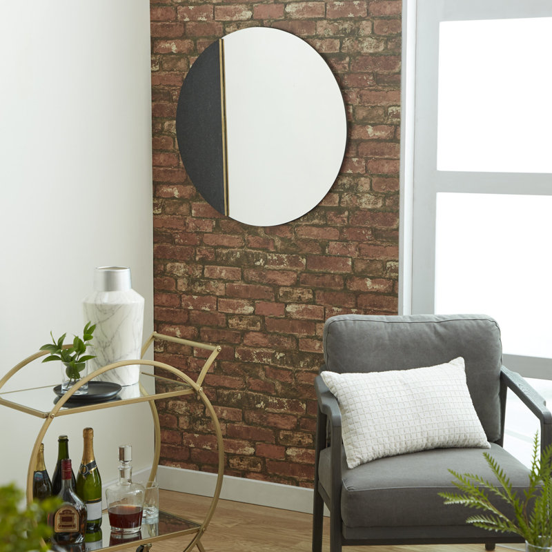 28" Frameless Round Wall Mirror with Black Stone Accent