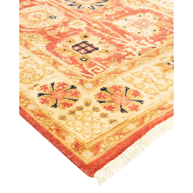 Hand-Knotted Orange Wool Floral Motif Rectangular Area Rug