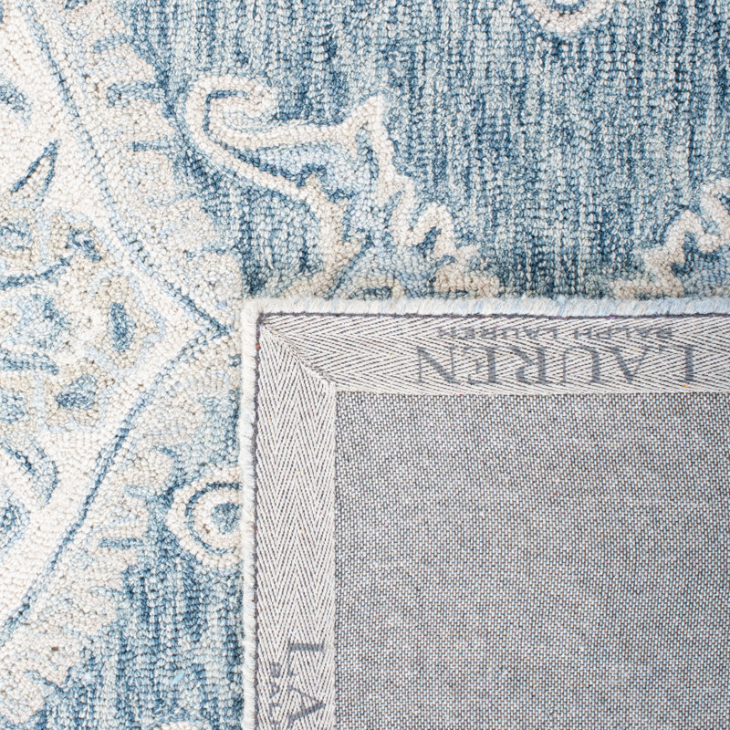 Ivory and Blue Hand-Knotted Wool Oriental Rug, 8' x 10'