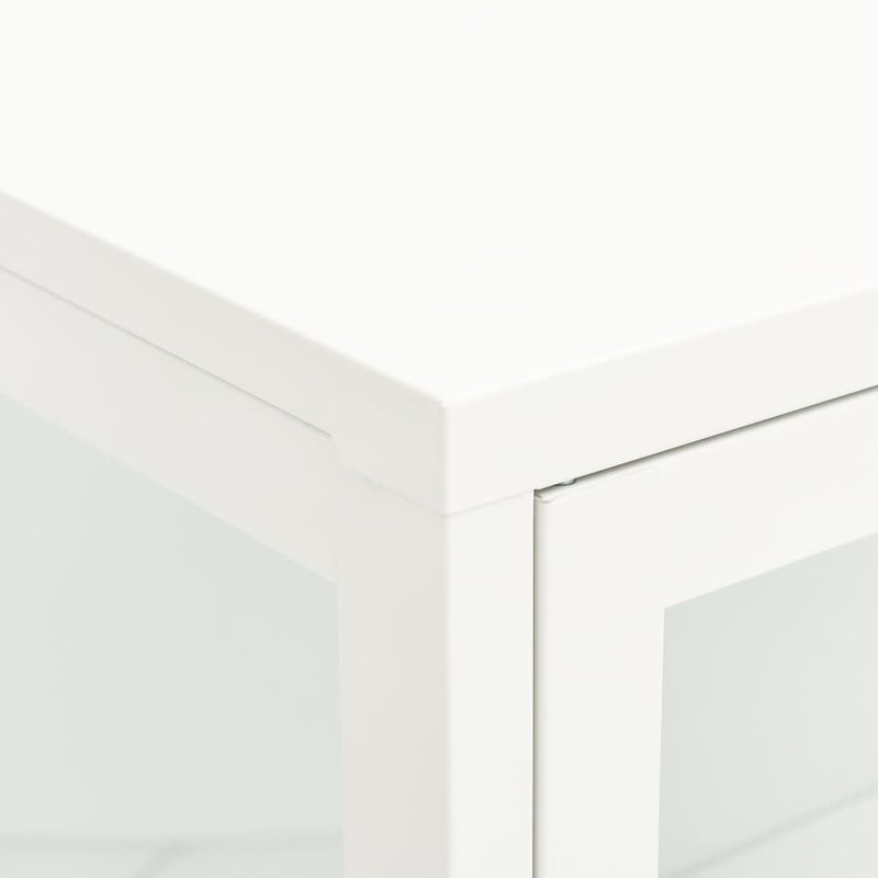 Sleek White Steel and Glass Sideboard with Adjustable Shelves