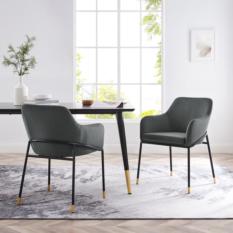 Charcoal Black Velvet Upholstered Arm Chair with Metal Accents