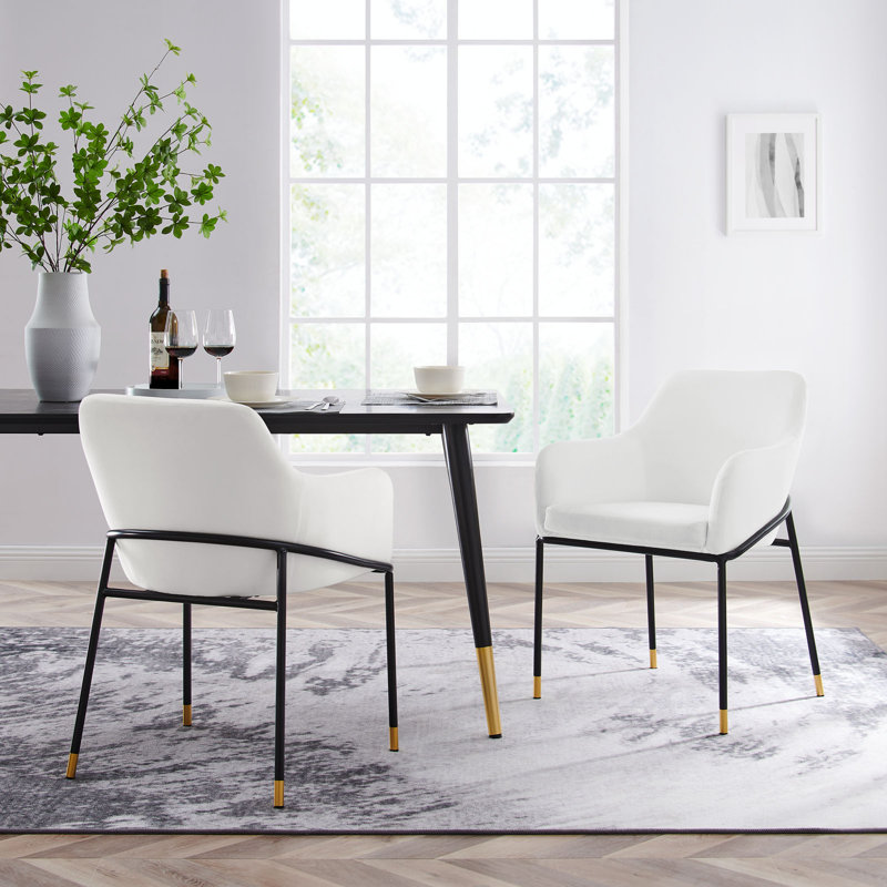 White Velvet Upholstered Arm Chair with Metal Legs