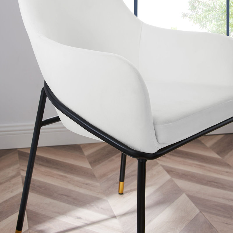 White Velvet Upholstered Arm Chair with Metal Legs