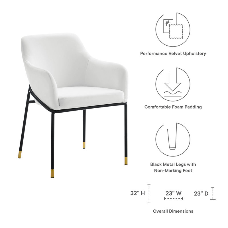 White Velvet Upholstered Arm Chair with Metal Legs