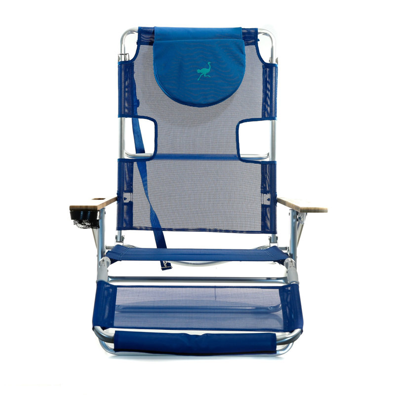 Blue Aluminum Frame Folding Beach Lounger with Wooden Armrests