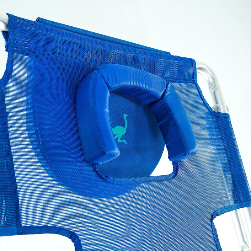 Blue Aluminum Frame Folding Beach Lounger with Wooden Armrests