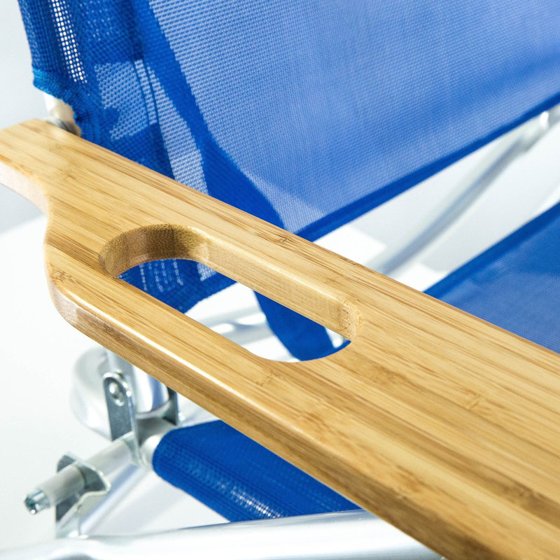 Blue Aluminum Frame Folding Beach Lounger with Wooden Armrests