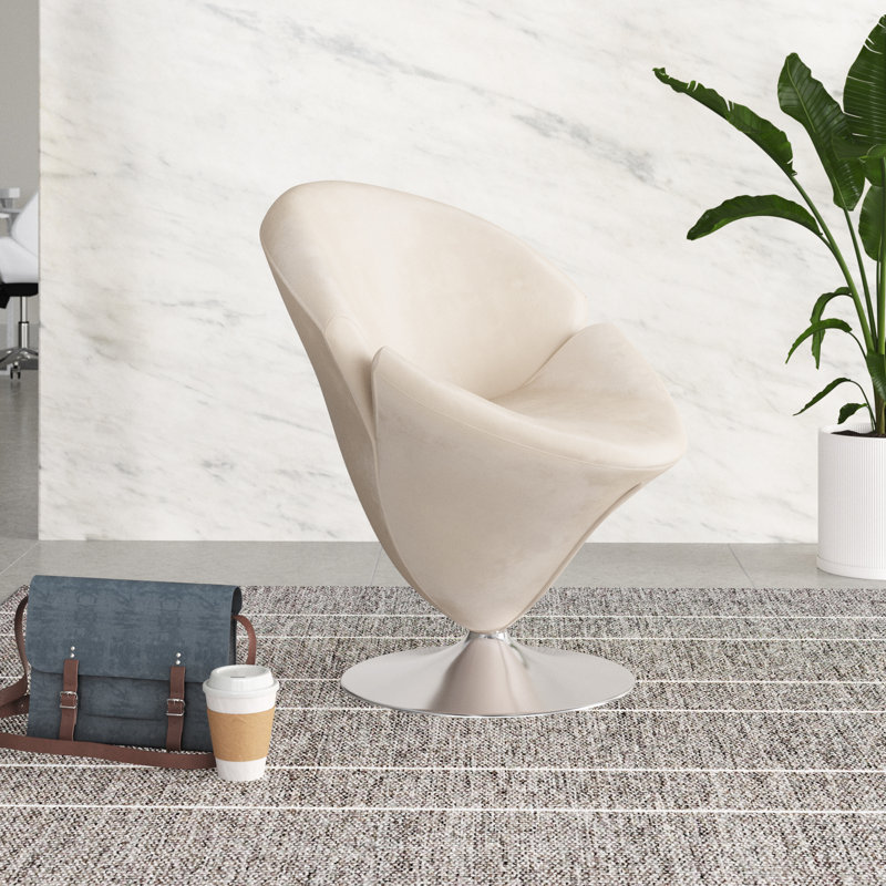 Blossom White Velvet Swivel Barrel Chair with Metal Base