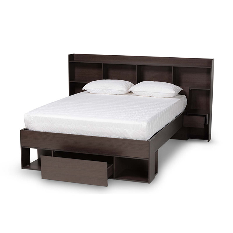 Dexton Dark Brown Queen Wood Platform Storage Bed with Shelves