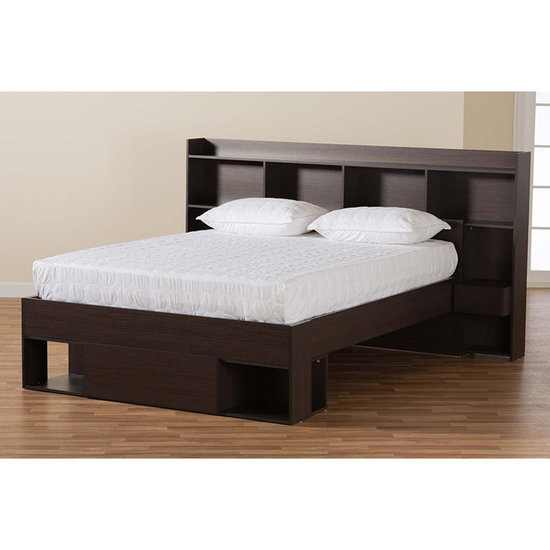 Dexton Dark Brown Queen Wood Platform Storage Bed with Shelves