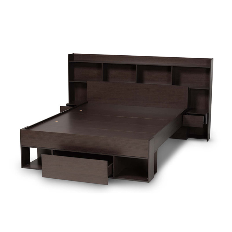 Dexton Dark Brown Queen Wood Platform Storage Bed with Shelves