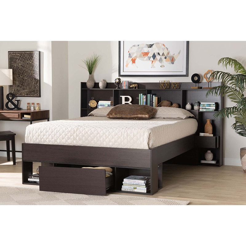 Dexton Dark Brown Queen Wood Platform Storage Bed with Shelves