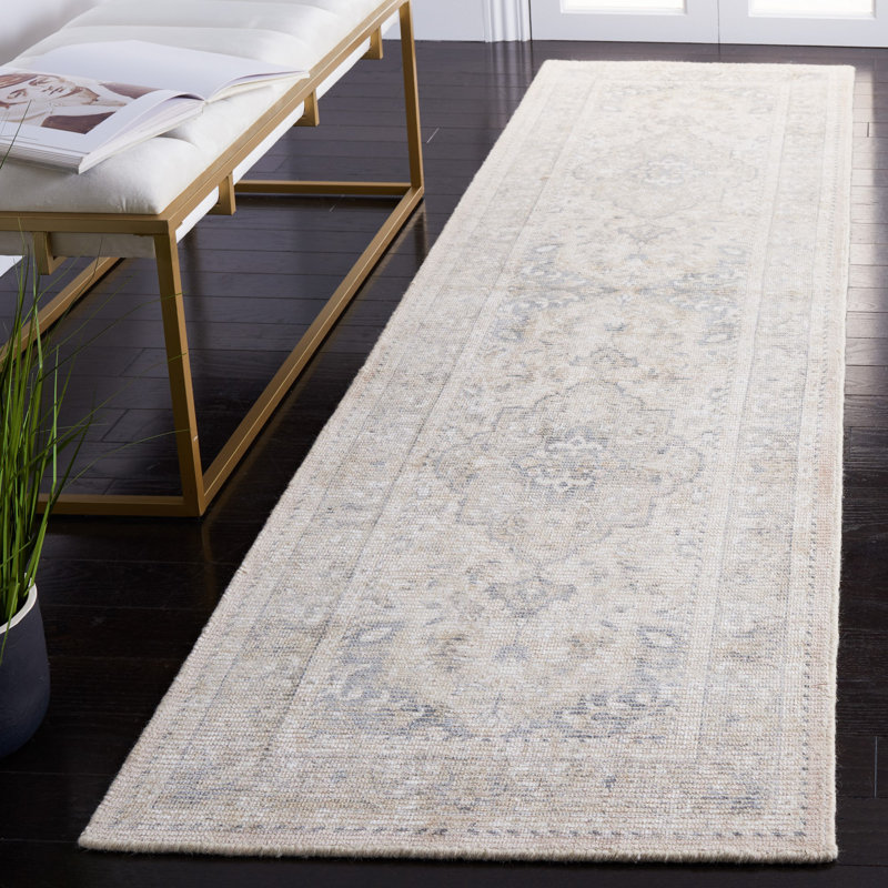 Ivory and Gray Handmade Wool and Silk Runner Rug
