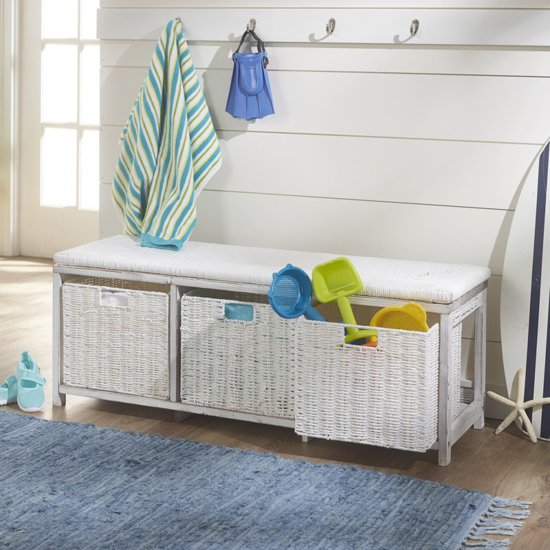 White Pine Wicker-Style Kid's Storage Bench with Baskets