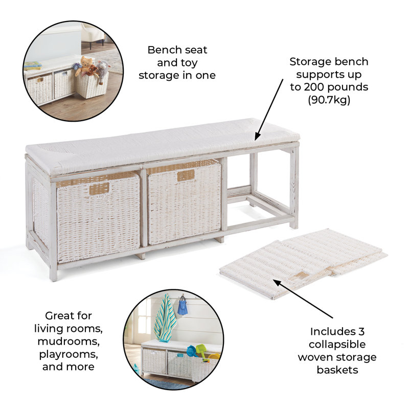 White Pine Wicker-Style Kid's Storage Bench with Baskets