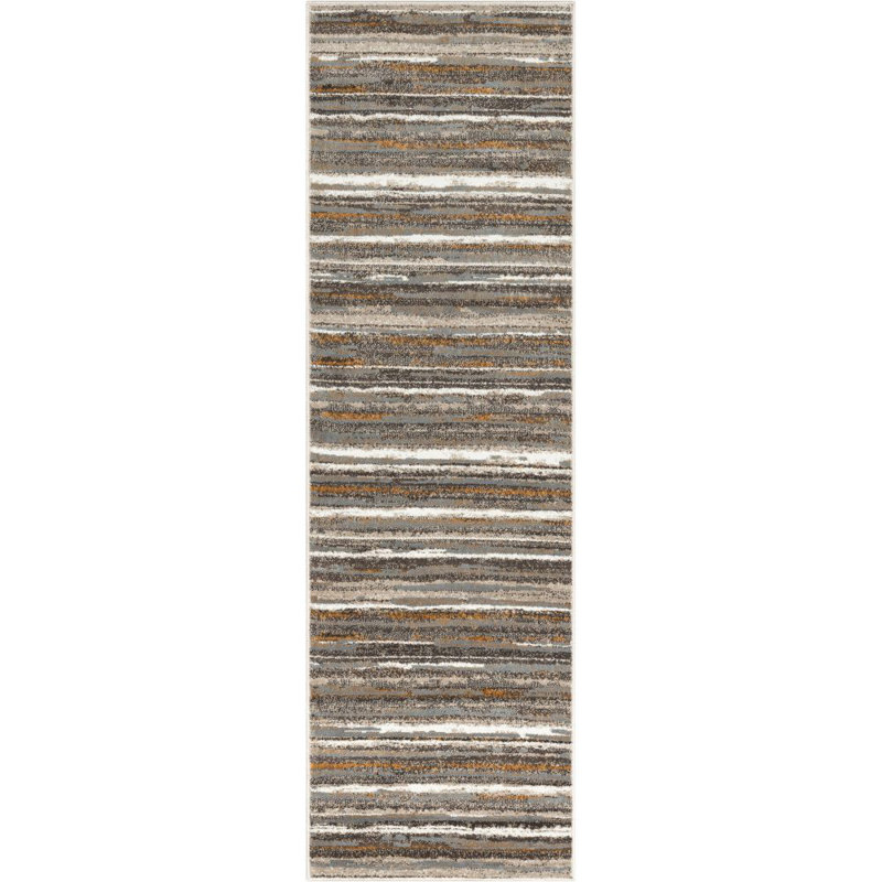Gray Geometric Striped Polyester Runner Rug