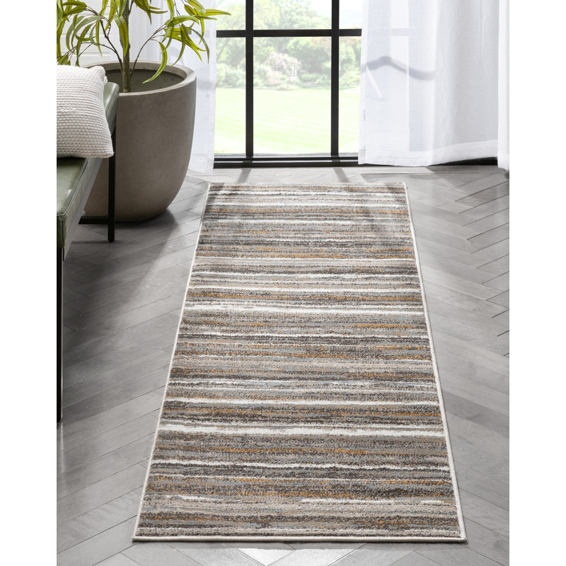 Gray Geometric Striped Polyester Runner Rug