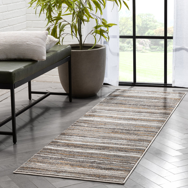 Gray Geometric Striped Polyester Runner Rug