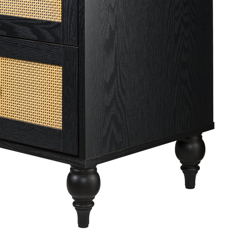 Transitional Black and Rattan 2-Drawer Nightstand with Lathe-Turned Feet