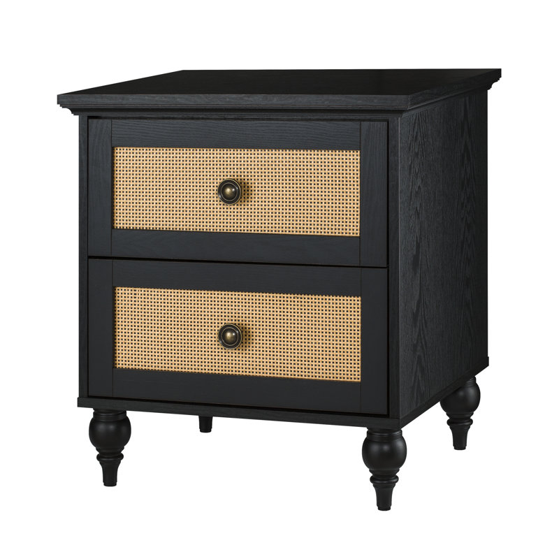 Transitional Black and Rattan 2-Drawer Nightstand with Lathe-Turned Feet