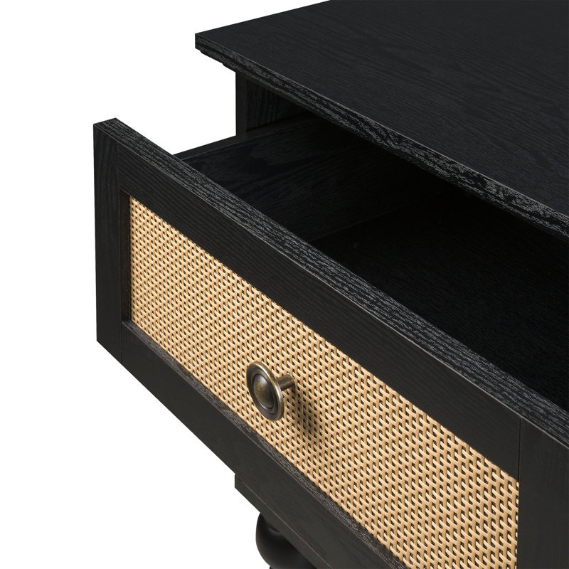 Transitional Black and Rattan 2-Drawer Nightstand with Lathe-Turned Feet