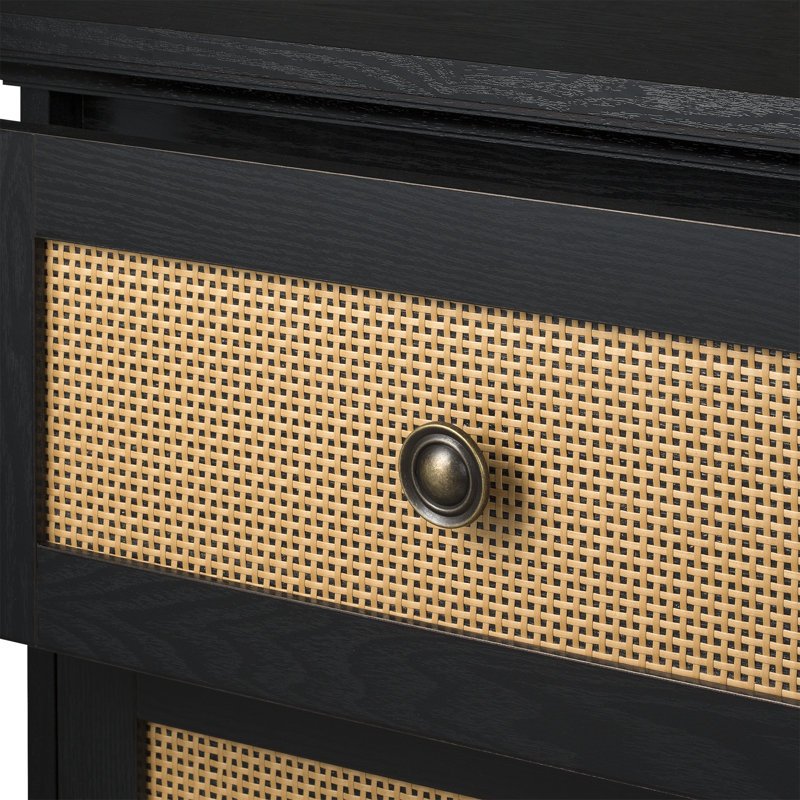 Transitional Black and Rattan 2-Drawer Nightstand with Lathe-Turned Feet