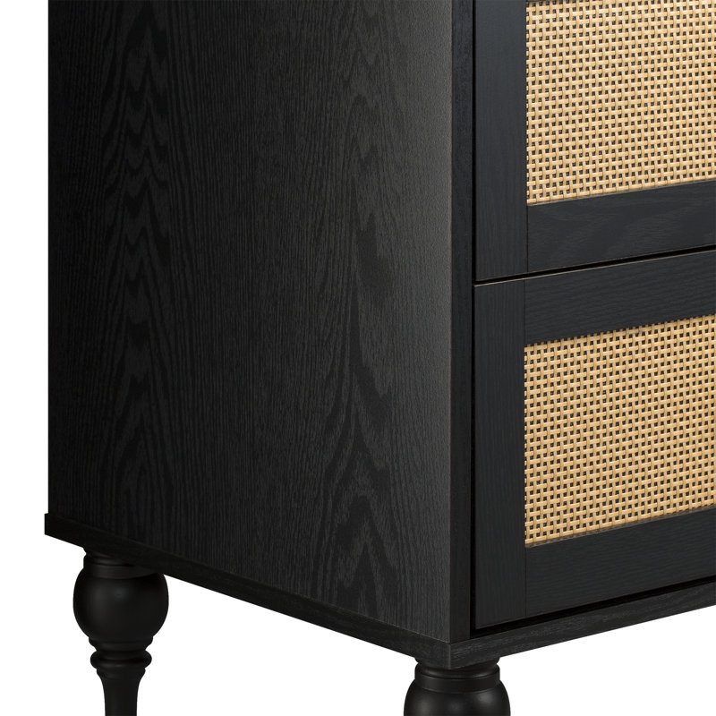 Transitional Black and Rattan 2-Drawer Nightstand with Lathe-Turned Feet