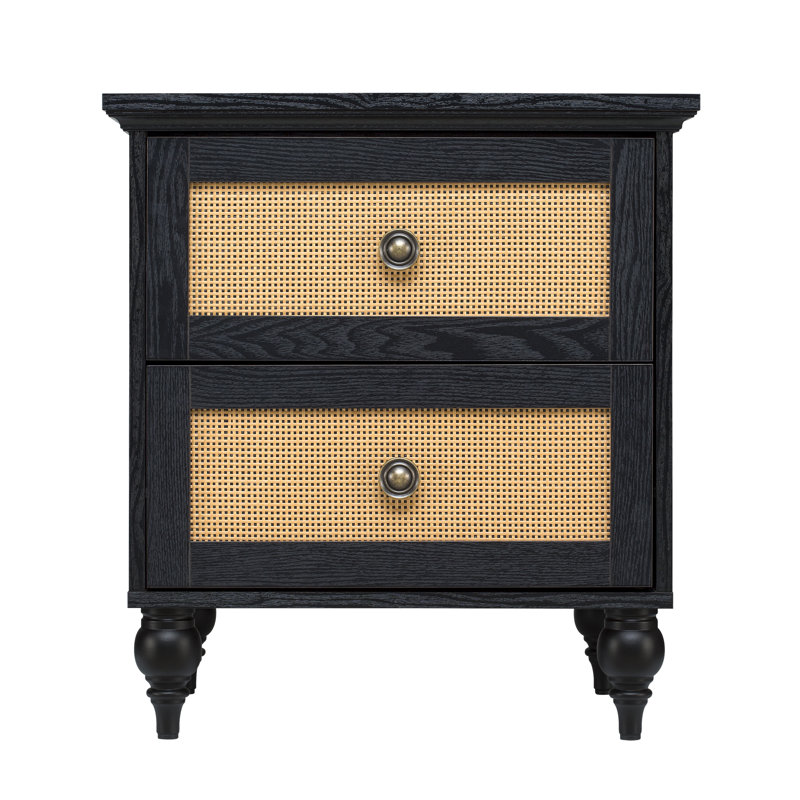 Transitional Black and Rattan 2-Drawer Nightstand with Lathe-Turned Feet