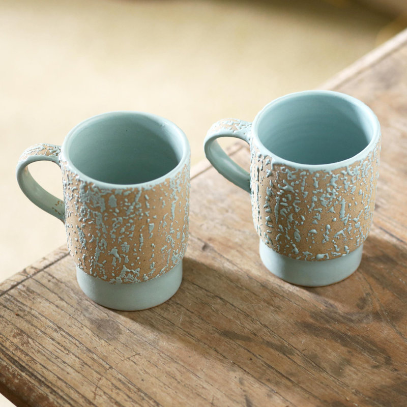 Handmade Turquoise Blue and Beige Ceramic Mugs (Set of 2)