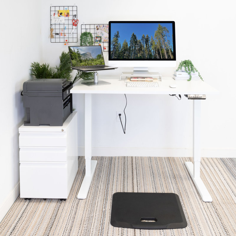 Electric Adjustable Height Sit-Stand Desk with Power Outlet, White Steel