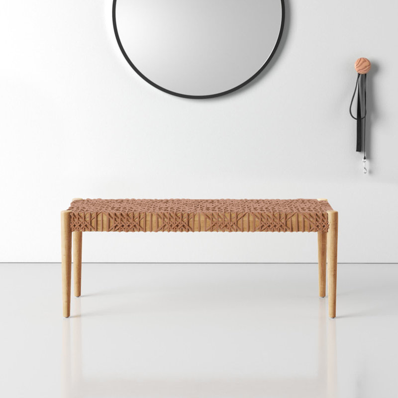 Bandelier 49'' Light Honey Teak and Leather Weave Bench with Storage
