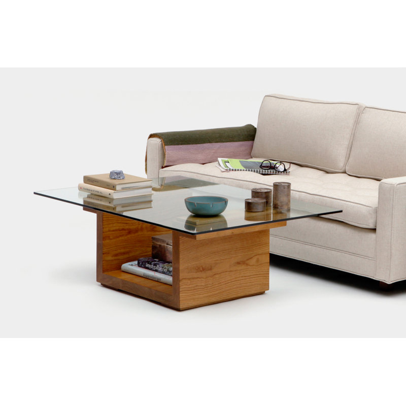 White Oak Rectangular Glass Top Coffee Table with Storage