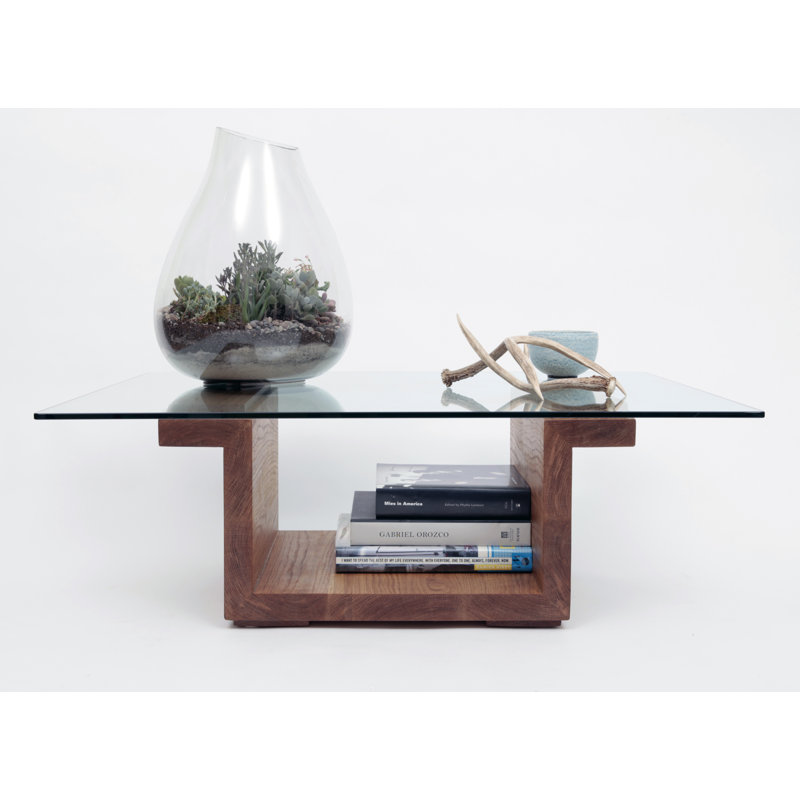 White Oak Rectangular Glass Top Coffee Table with Storage