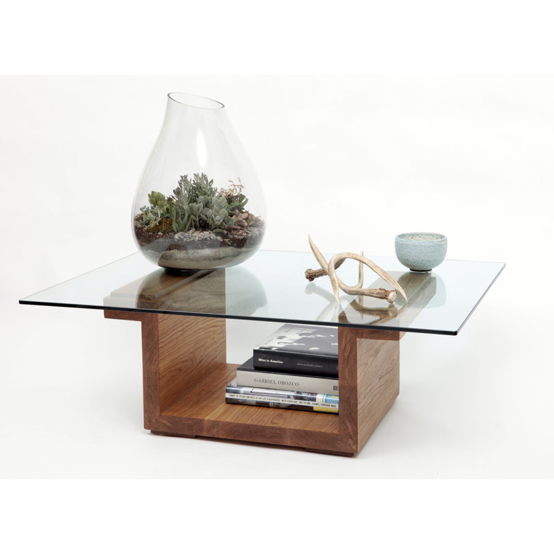 White Oak Rectangular Glass Top Coffee Table with Storage