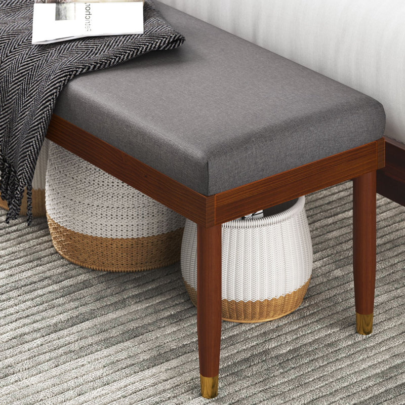 Raymond Mid-Century 48" Grey Upholstered Bench with Brass-Tipped Legs