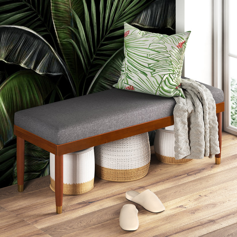 Raymond Mid-Century 48" Grey Upholstered Bench with Brass-Tipped Legs