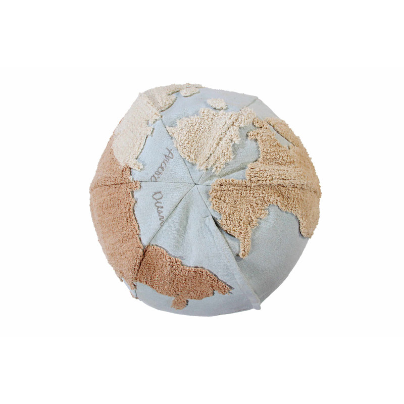 Globe Explorer Tufted Round Pouf in Light Blue and Natural Tones