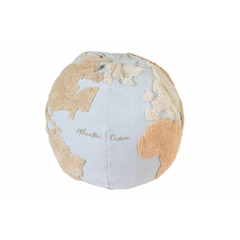 Globe Explorer Tufted Round Pouf in Light Blue and Natural Tones