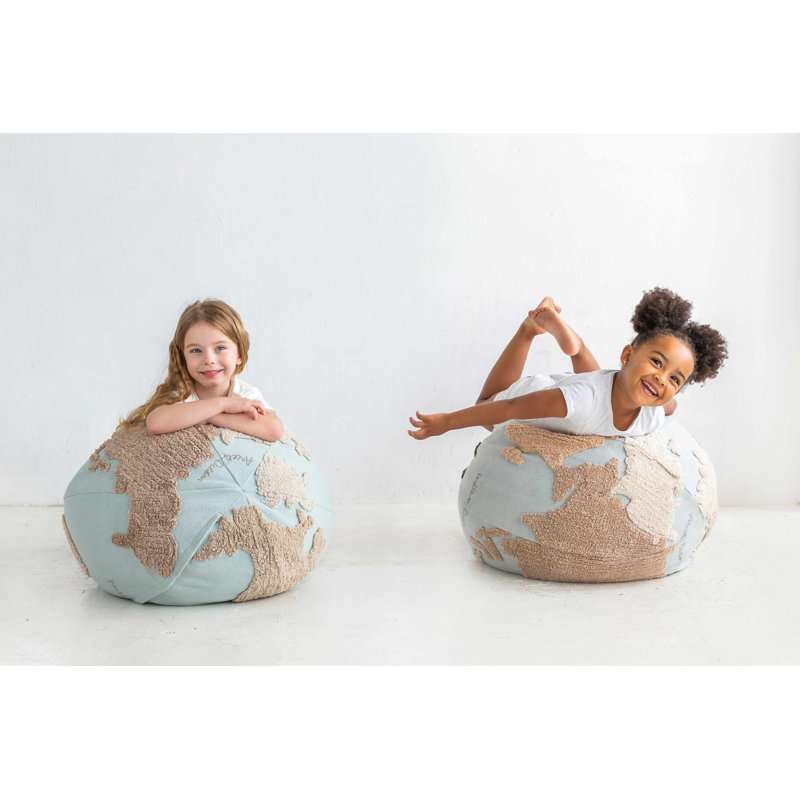Globe Explorer Tufted Round Pouf in Light Blue and Natural Tones