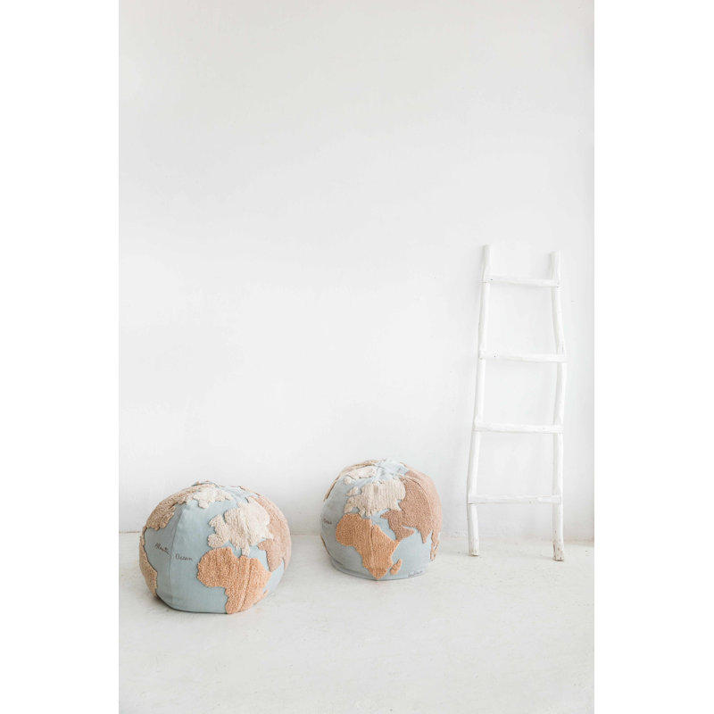 Globe Explorer Tufted Round Pouf in Light Blue and Natural Tones