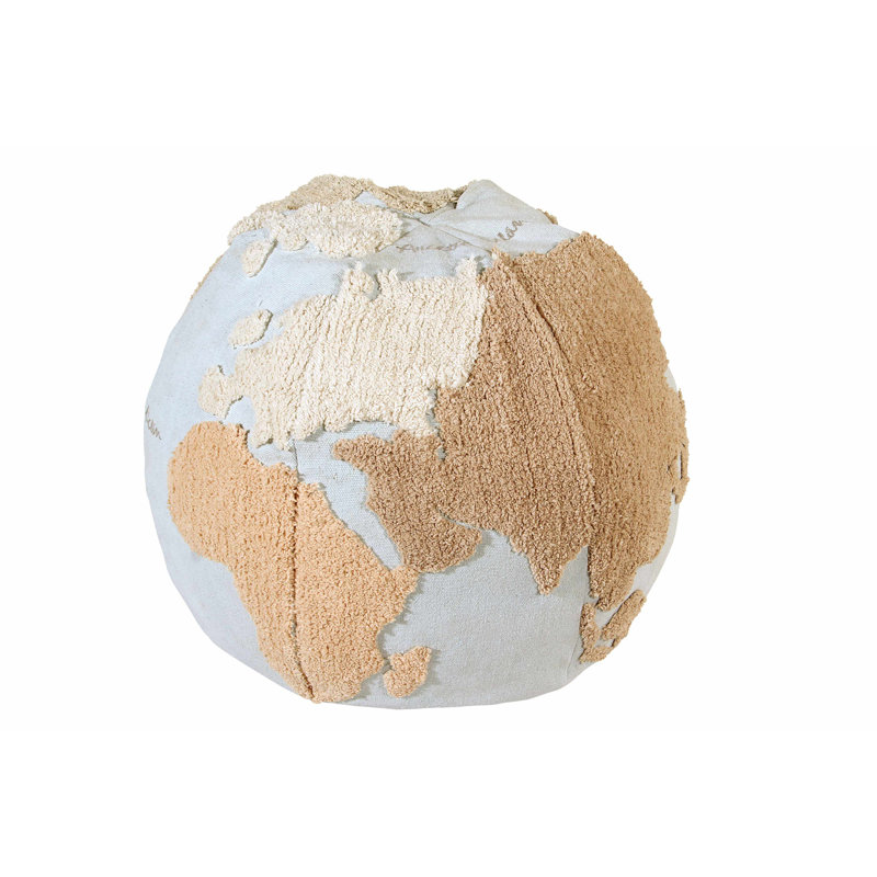 Globe Explorer Tufted Round Pouf in Light Blue and Natural Tones