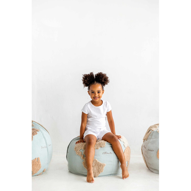 Globe Explorer Tufted Round Pouf in Light Blue and Natural Tones