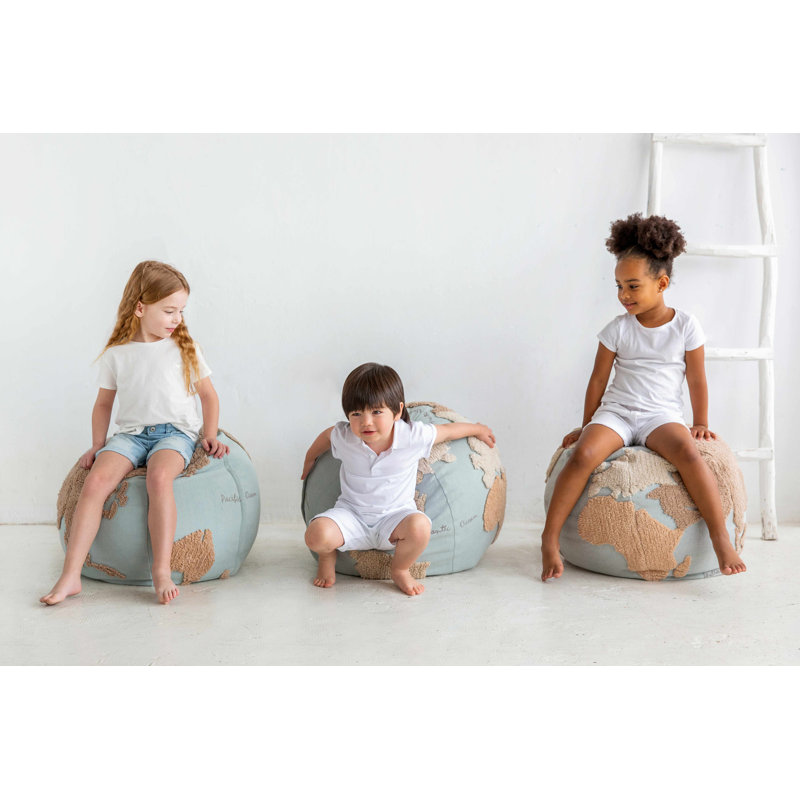 Globe Explorer Tufted Round Pouf in Light Blue and Natural Tones