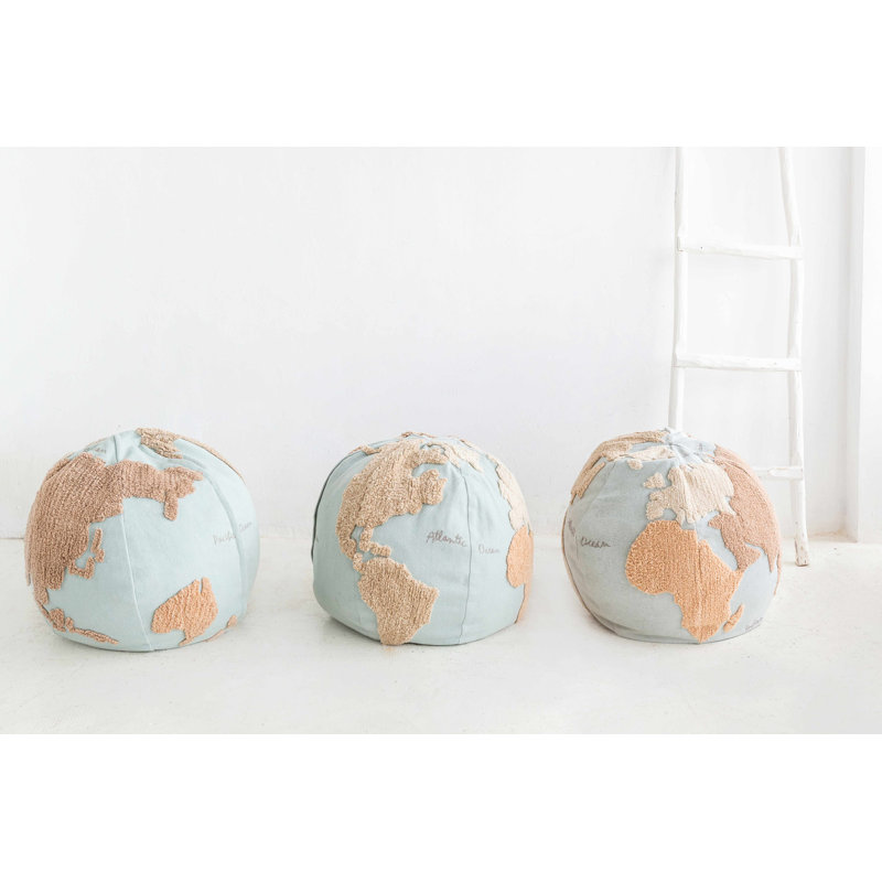 Globe Explorer Tufted Round Pouf in Light Blue and Natural Tones