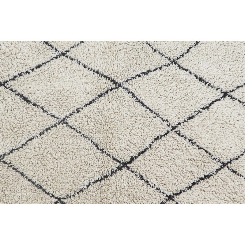 Handmade Rectangular Black and Beige Wool Cotton Rug