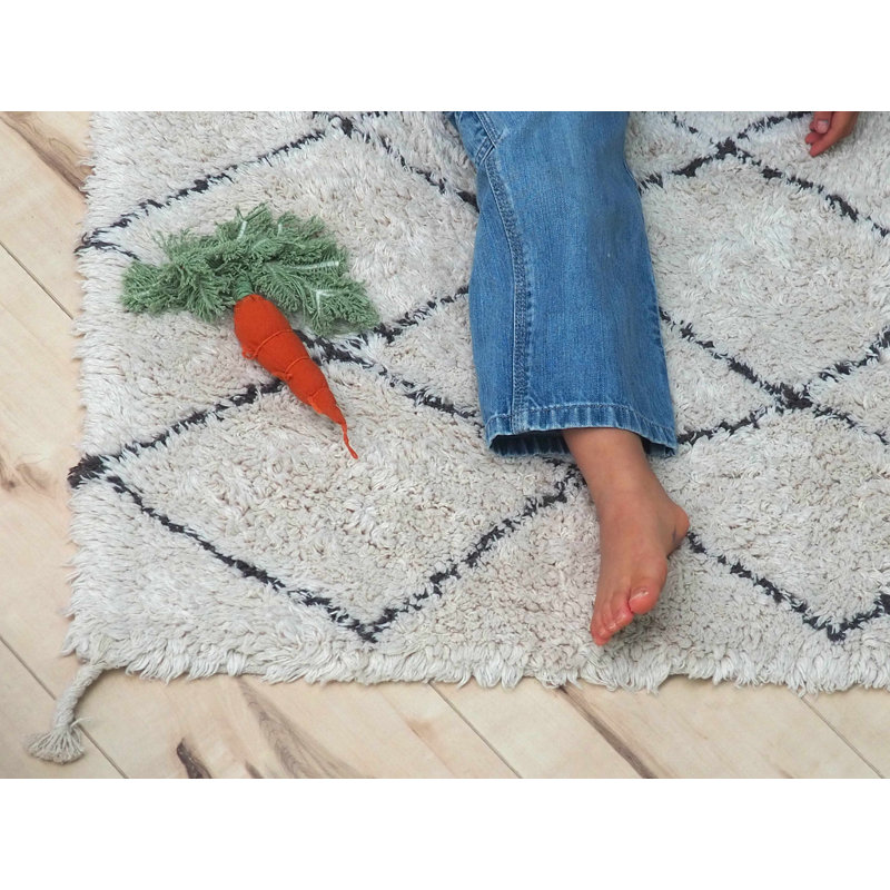 Handmade Rectangular Black and Beige Wool Cotton Rug